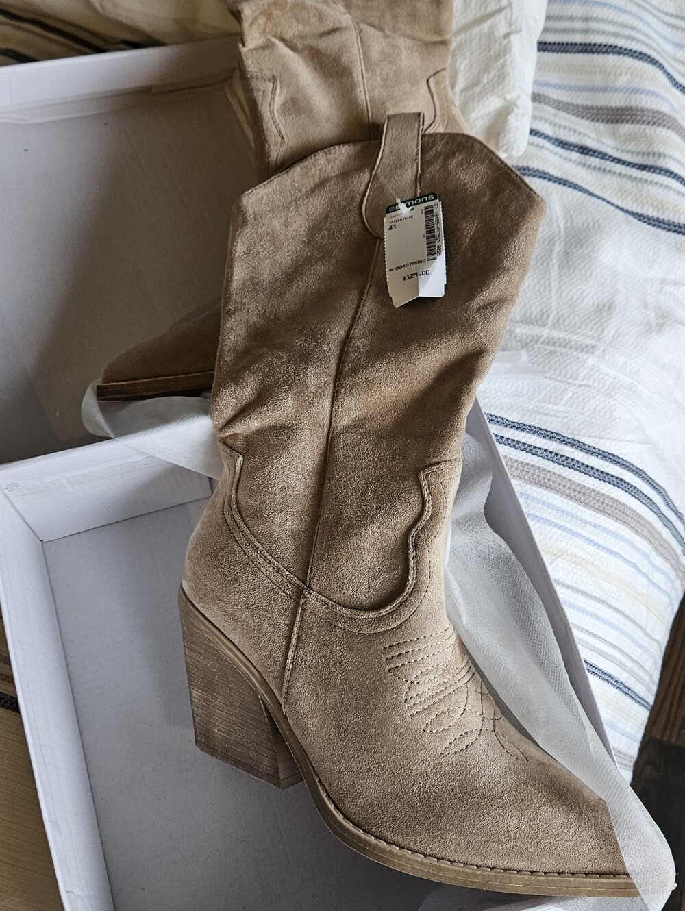 Simons Taupe Suede Western Block Heel Boots